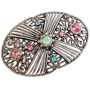 Antique Edwardian Uranium Glass Brooch Filigree 1910s Art Deco Transition VTG